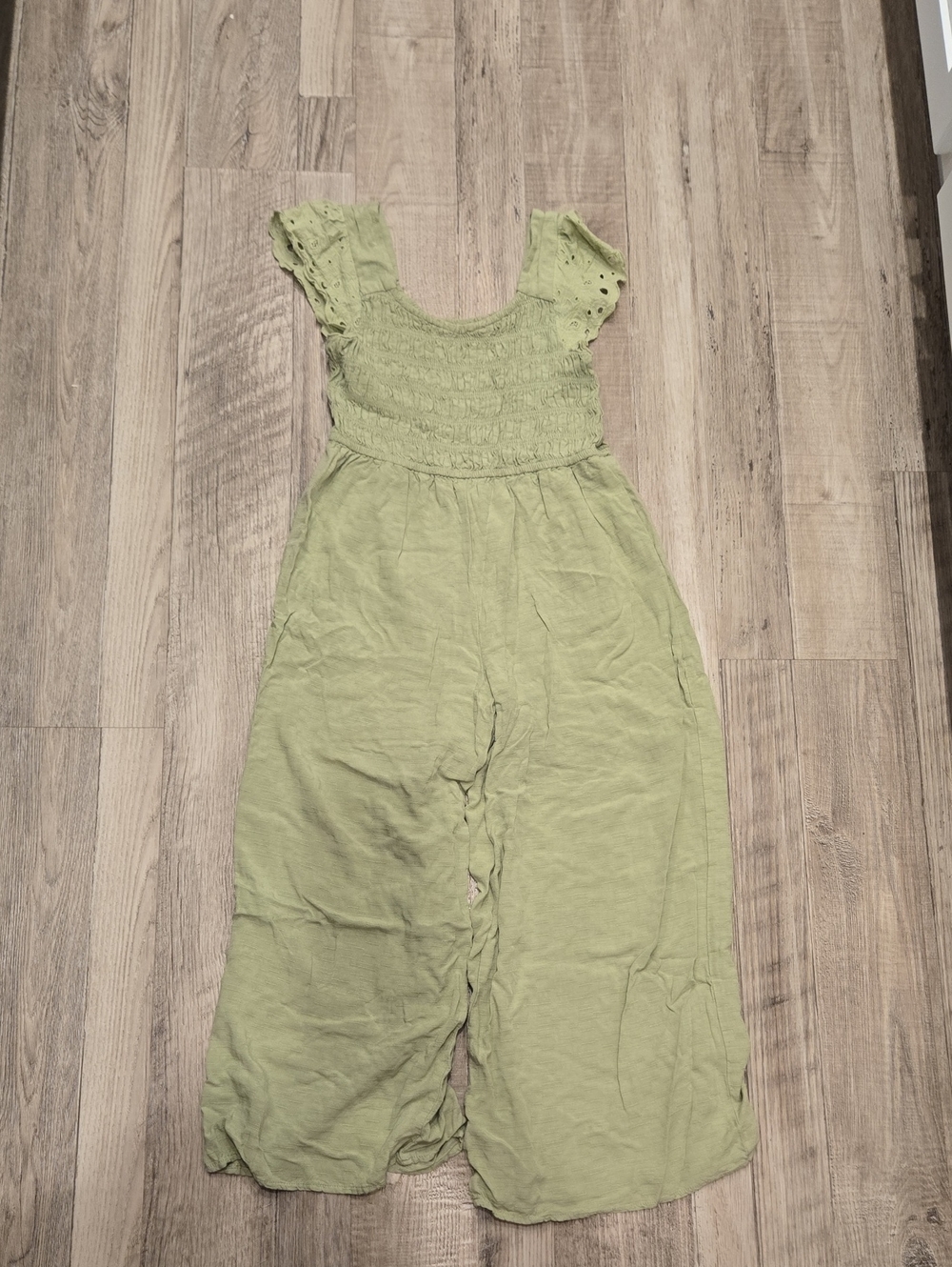 Girls Sage Green Smocked Wide-Leg Jumpsuit